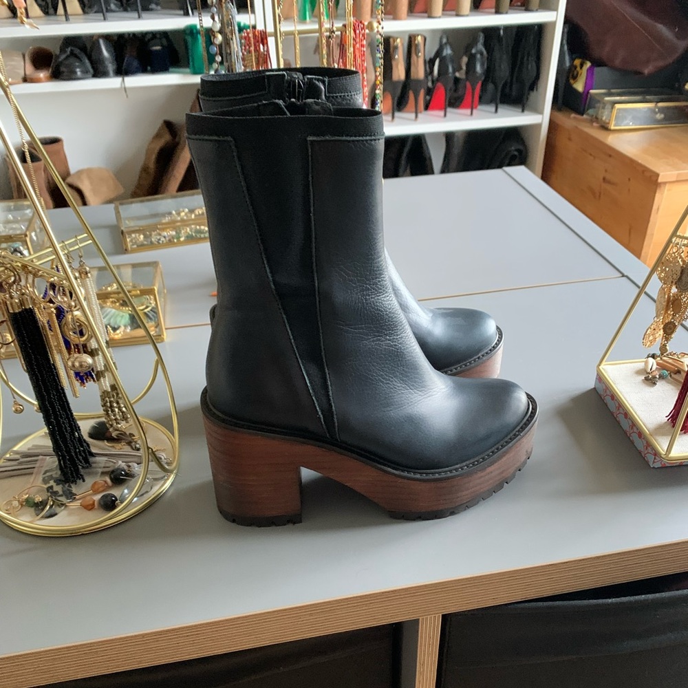 Free People Black Leather Platform Ankle Boots